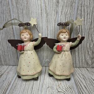 Set of 2 Bethany Lowe Angel of Giving Christmas Ornaments Rustic Metal Wings‎